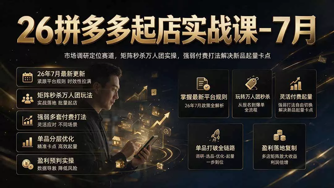 26拼多多起店实战课-7月｜市场调研定位赛道，矩阵秒杀万人团实操，强弱付费打法解决新品起量卡点-知峰社