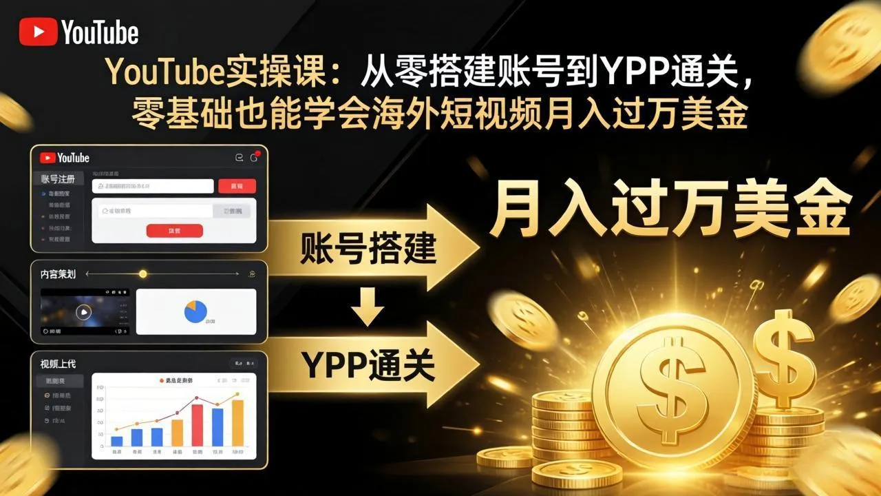 YouTube实操课：从零搭建账号到YPP通关，零基础也能学会海外短视频月入过万美金-知峰社