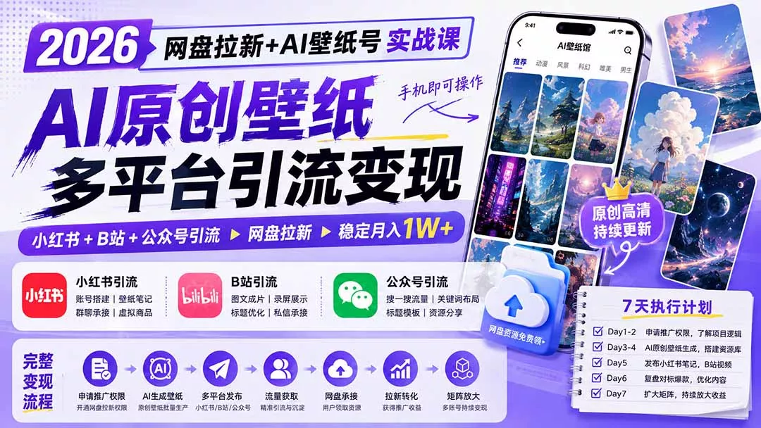 2026网盘拉新+AI壁纸号实战课:AI原创壁纸+小红书+B站+公众号引流,手机即可操作,月入1W+-知峰社