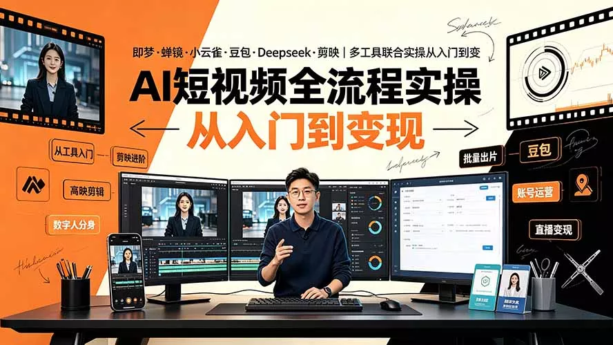 AI短视频全流程实操:即梦·蝉镜·小云雀·豆包·Deepseek·剪映|多工具联合实操从入门到变现-知峰社