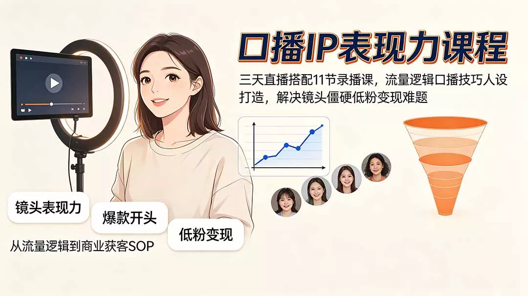 口播IP表现力课程｜三天直播搭配11节录播课，流量逻辑口播技巧人设打造，解决镜头僵硬低粉变现难题-知峰社