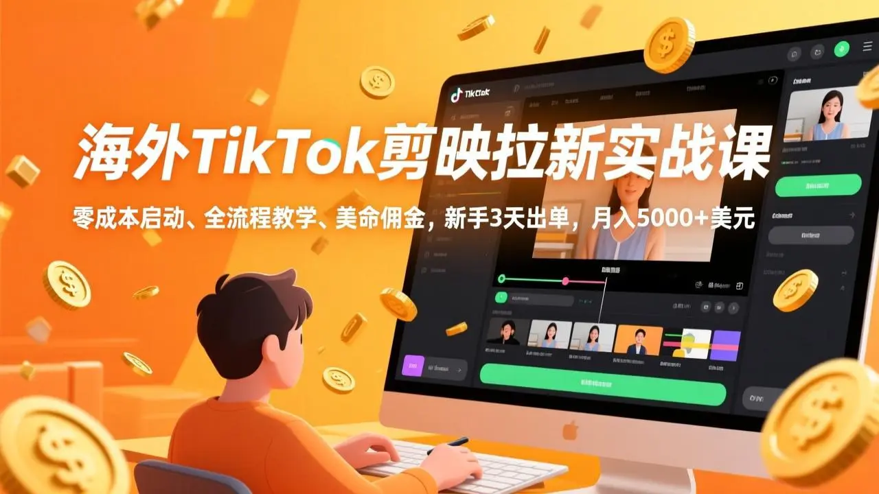 海外TikTok剪映拉新实战课，零成本启动、全流程教学、美金佣金，新手3天出单，月入5000+美元-知峰研习社