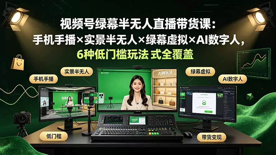 视频号绿幕半无人直播带货课：手机手播×实景半无人×绿幕虚拟×AI数字人，6种低门槛玩法全覆盖-知峰社