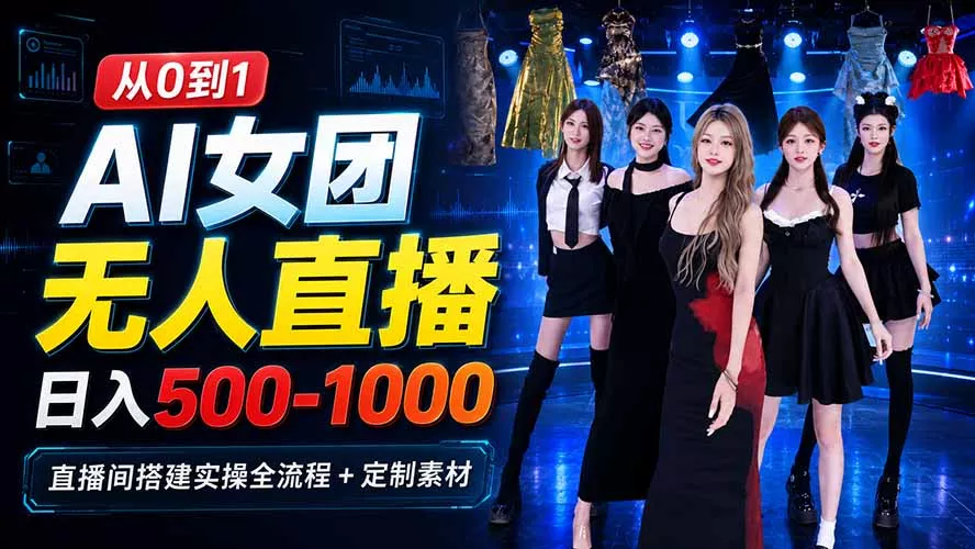 AI 女团无人直播，躺入500-1000每天，直播间搭建实操全流程+定制素材-知峰社