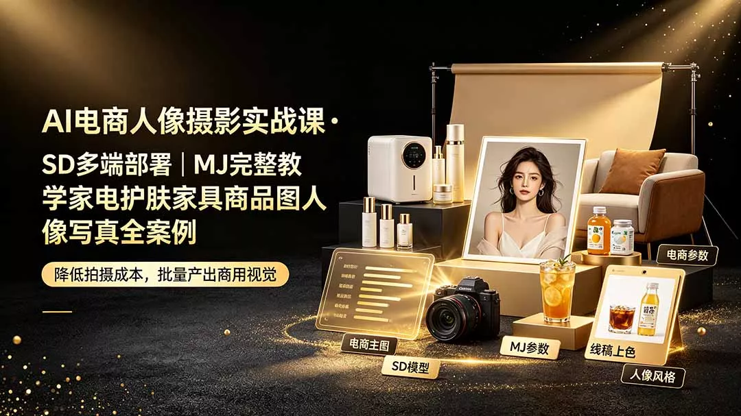 AI电商人像摄影实战课·SD多端部署|MJ完整教学|家电护肤家具商品图人像写真全案例-知峰社