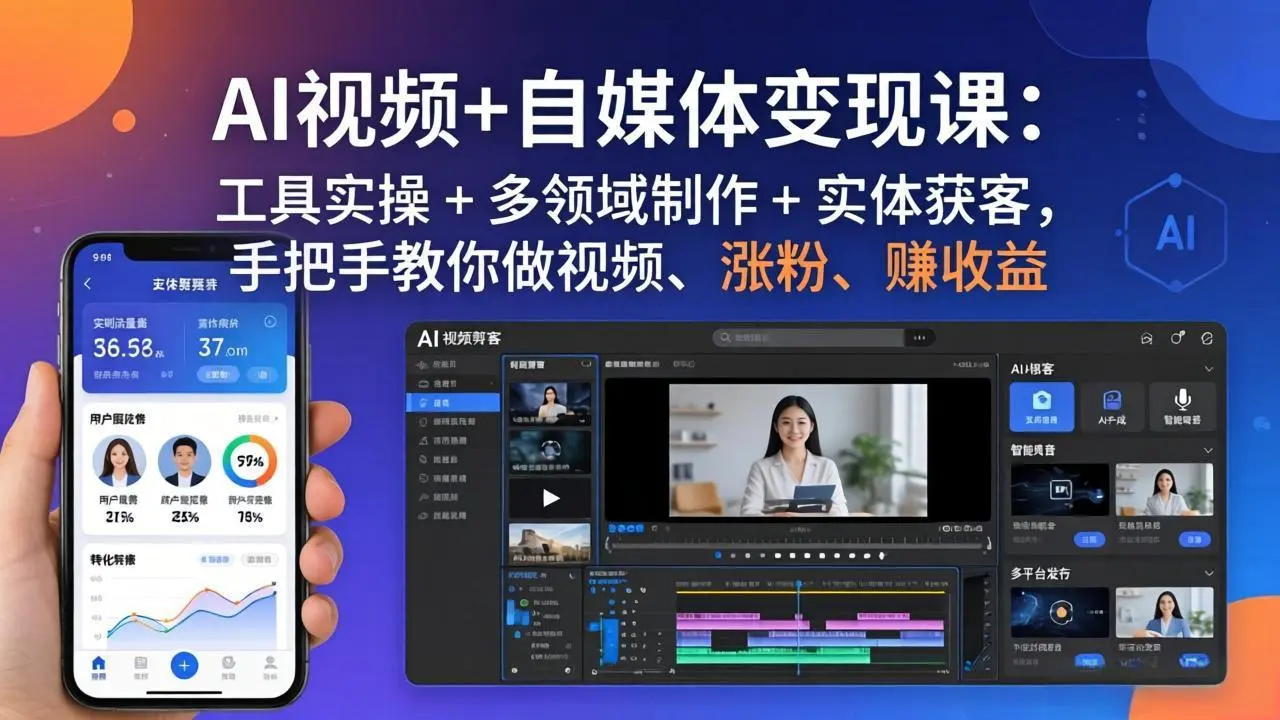 AI视频+自媒体变现课：工具实操 + 多领域制作 + 实体获客，手把手教你做视频、涨粉、赚收益-知峰社