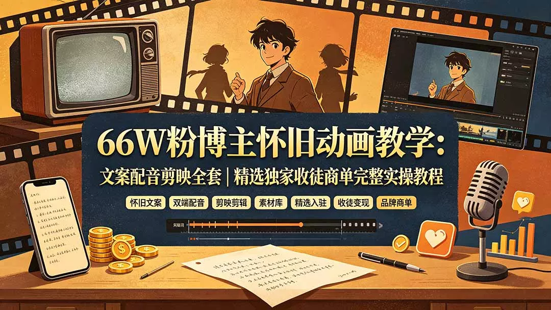 66W粉博主怀旧动画教学:文案配音剪映全套|精选独家收徒商单完整实操教程-知峰社