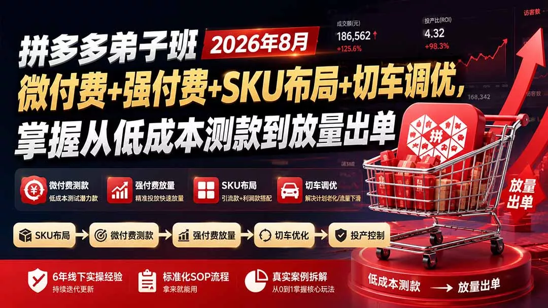 拼多多弟子班2026年8月:微付费+强付费+SKU布局+切车调优,掌握从低成本测款到放量出单-知峰社
