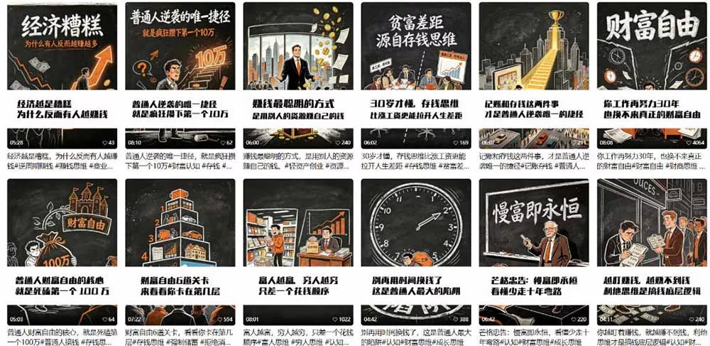 AI书单财富书籍图文解读：手绘黑白风格×一键直出×几十条视频跑1000单×全流程拆解×新手可上手
