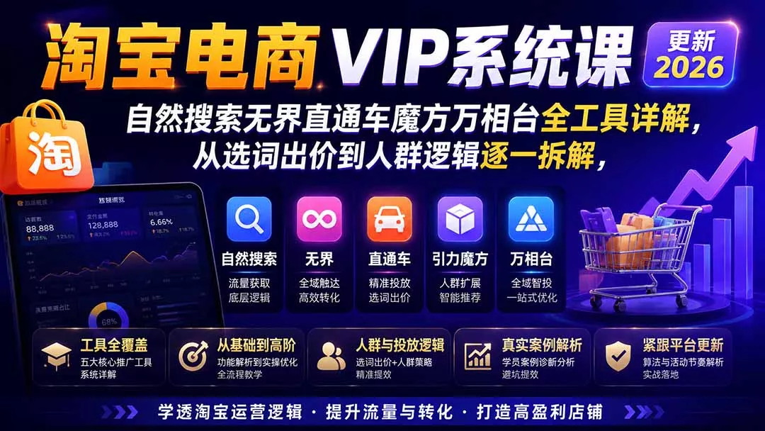 2026淘宝电商终局之战VIP课-更新：自然搜索+直通车+无界+精准人群，系统掌握测款动销与全店推广布局方法-知峰社