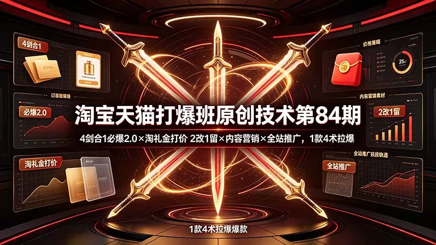淘宝天猫打爆班原创技术第84期:4剑合1必爆2.0×淘礼金打价×2改1留×内容营销×全站推广,1款4术拉爆-知峰社
