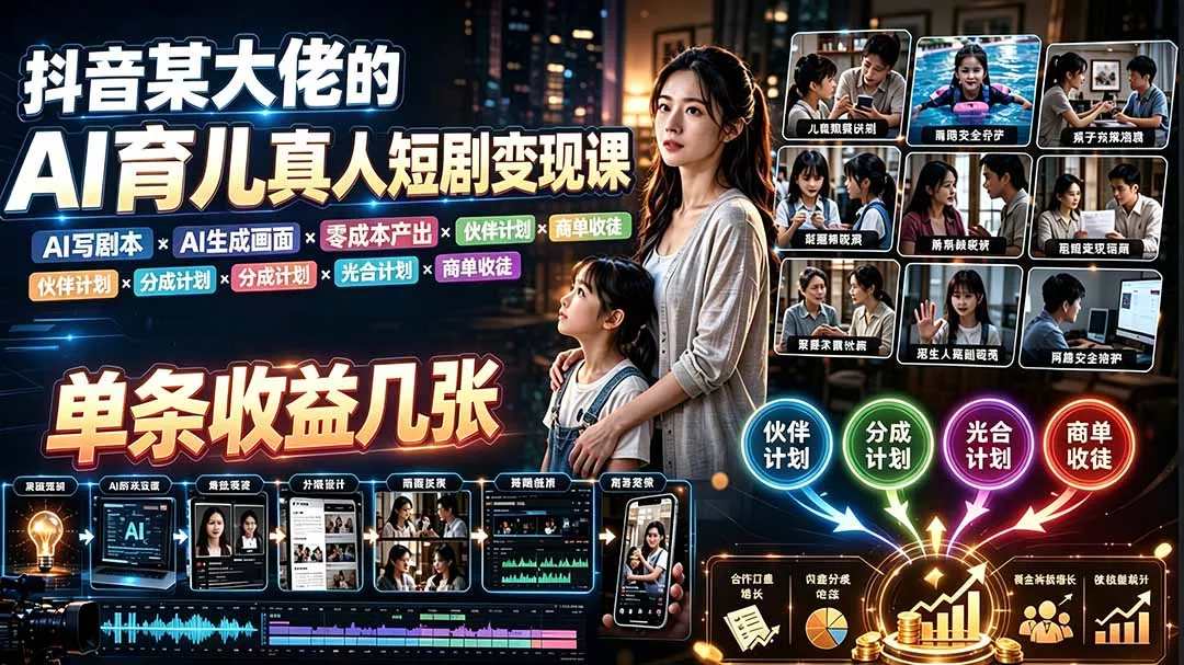 AI育儿真人短剧变现课：AI写剧本×AI生成画面×零成本产出×伙伴计划×分成计划×光合计划×商单收徒-知峰社