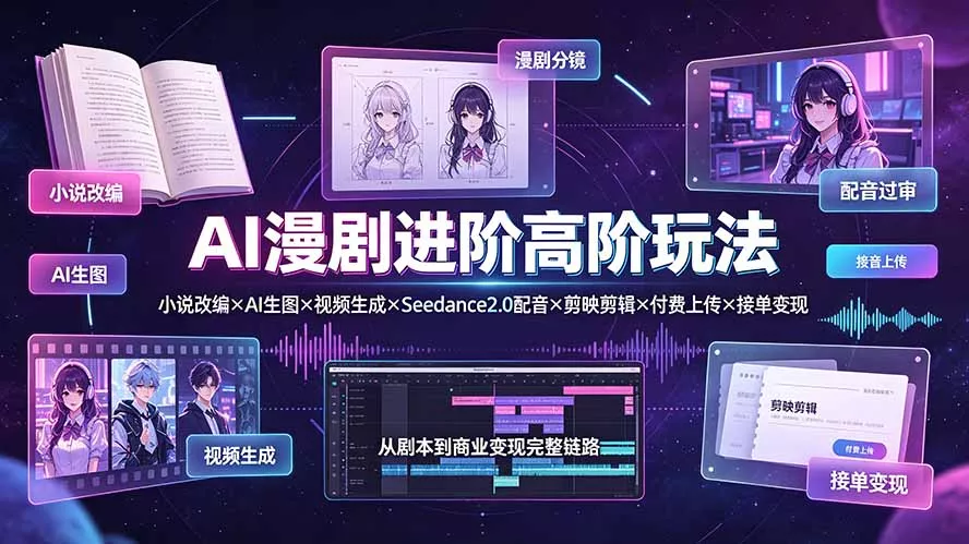 AI漫剧进阶高阶玩法:小说改编×AI生图×视频生成×Seedance2.0配音×剪映剪辑×付费上传×接单变现-知峰社