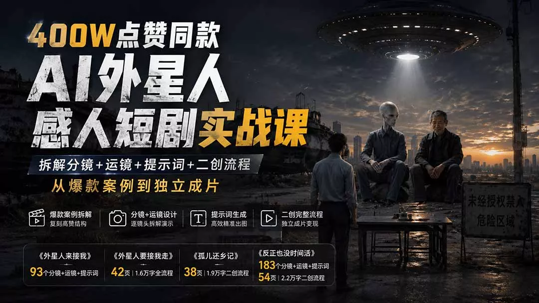 400W点赞同款AI外星人感人短剧实战课：拆解分镜+运镜+提示词+二创流程，从爆款案例到独立成片-知峰社