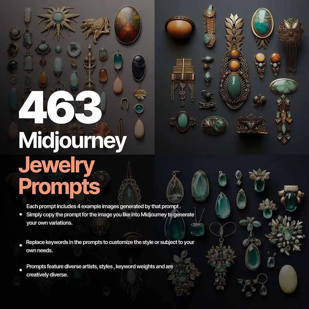 460+专业Midjourney珠宝摄影AI提示词+成效果图，戒指/项链/耳环/手链/宝石/及奢侈配饰等全品类