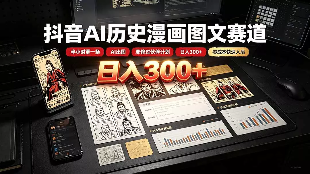抖音AI历史漫画图文赛道:半小时更一条×AI出图×邪修过伙伴计划×日入300+,零成本快速入局-知峰社