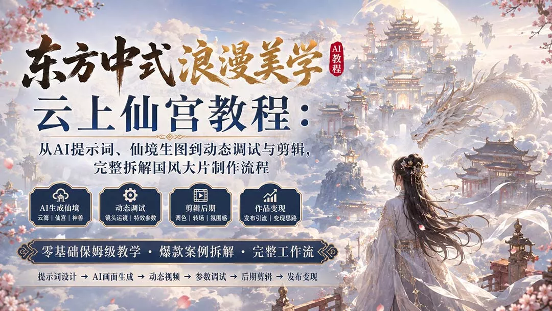 东方中式浪漫美学云上仙宫教程：从AI提示词、仙境生图到动态调试与剪辑，完整拆解国风大片制作流程-知峰社