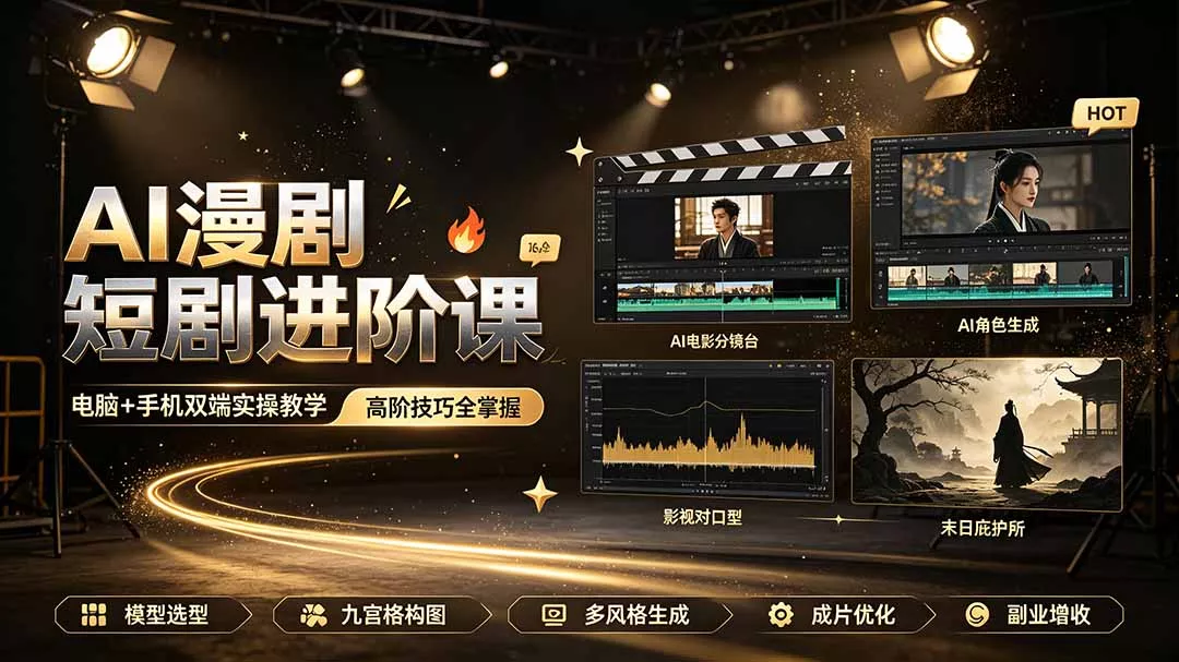 AI漫剧短剧进阶课|电脑+手机双端实操教学|影视剧对口型人物吃瓜×解压末日庇护所全程讲解,高阶技巧全掌握-知峰社