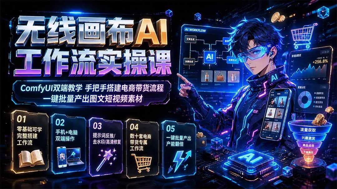 无线画布AI工作流实操课|ComfyUI双端教学,手把手搭建电商带货流程,一键批量产出图文短视频素材-知峰社