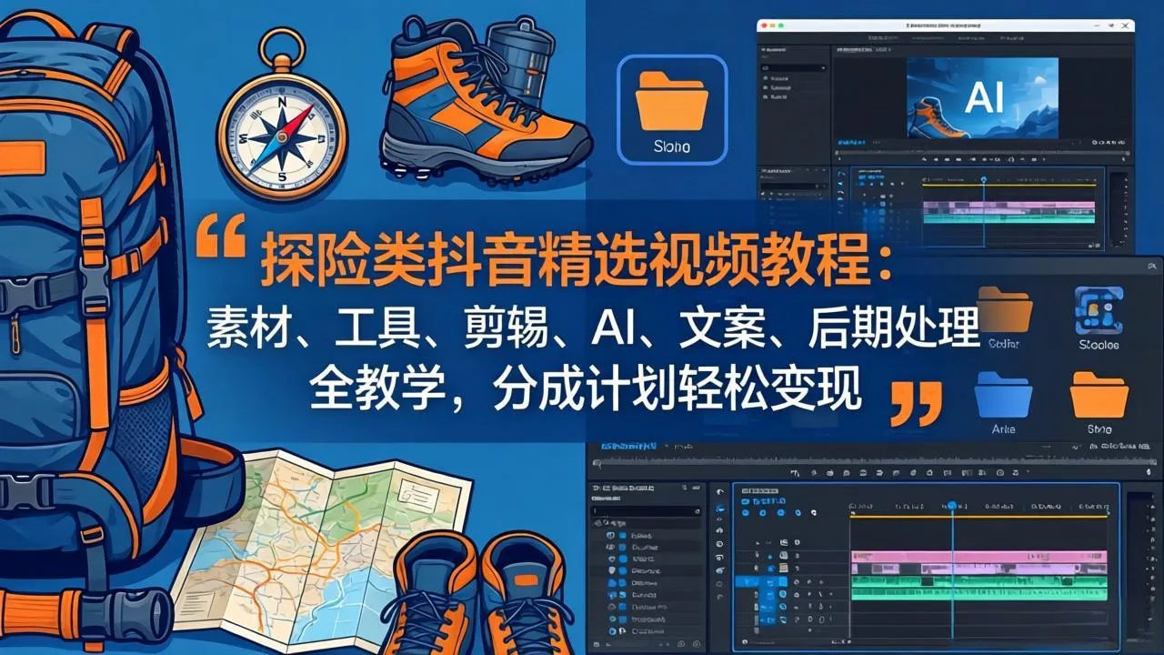 探险类抖音精选视频教程:素材、工具、剪辑、AI、文案、后期处理全教学,分成计划轻松变现-知峰社