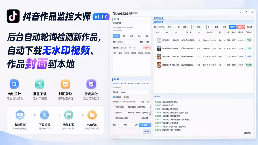 抖音作品监控大师v1.1.0：后台自动轮询检测新作品，自动下载无水印视频、作品封面到本地-知峰社