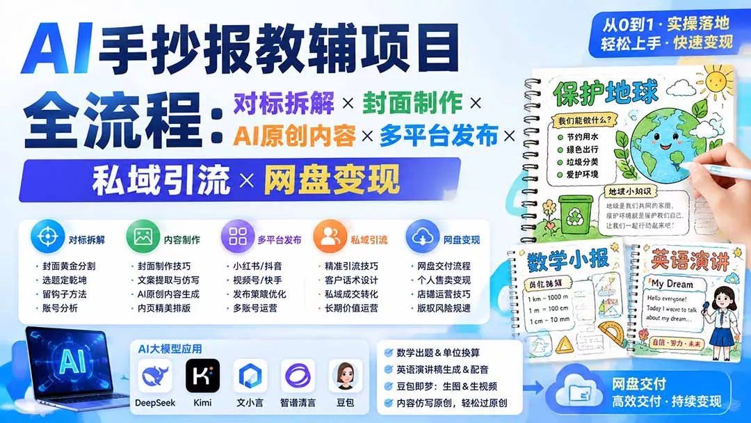 AI手抄报教辅项目全流程：对标拆解×封面制作×AI原创内容×多平台发布×私域引流×网盘变现-知峰社