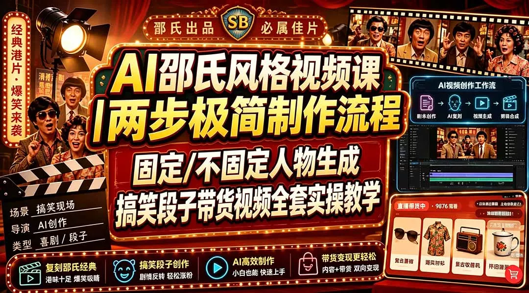 AI邵氏风格视频课|两步极简制作流程,固定/不固定人物生成,搞笑段子带货视频全套实操教学-知峰社