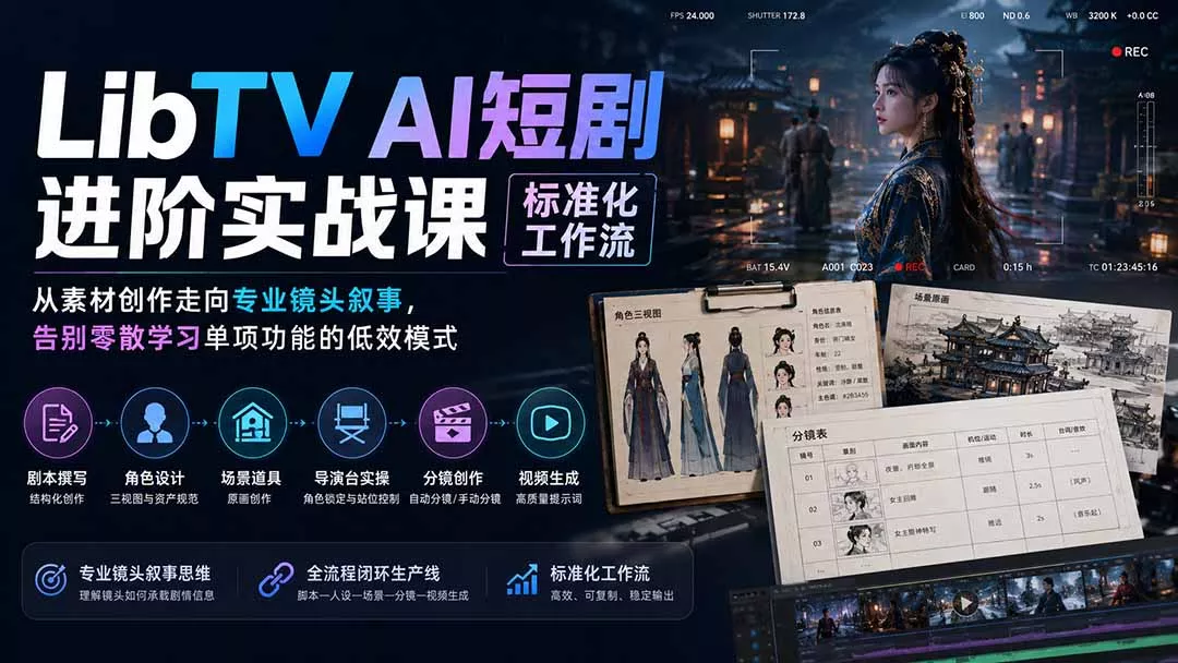 LibTV AI短剧进阶实操课标准化工作流；从素材创作走向专业镜头叙事，告别零散学习单项功能的低效模式-知峰社