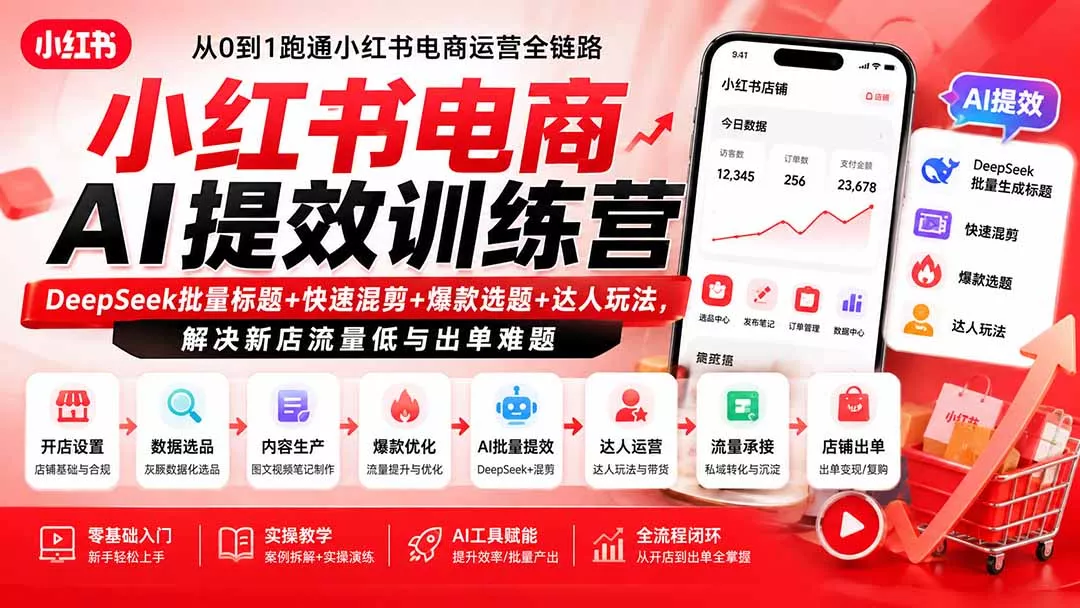 小红书电商AI提效训练营—DeepSeek批量标题+快速混剪+爆款选题+达人玩法，解决新店流量低与出单难题-知峰社