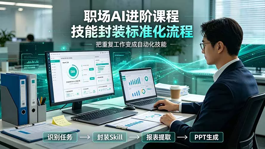 职场AI进阶课程;多类实用Skill工具实操,专属技能封装标准化流程,报表行业报告一键提取核心内容-知峰社