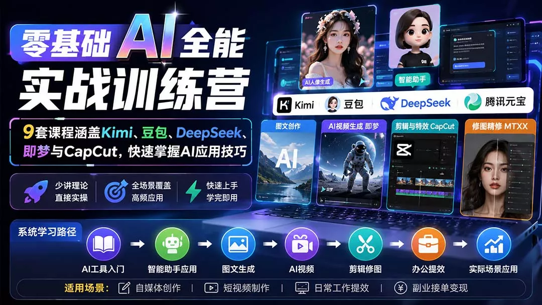零基础AI全能实战训练营：9套课程涵盖Kimi、豆包、DeepSeek、即梦与CapCut，快速掌握AI应用技巧