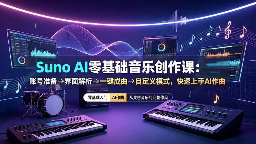 Suno AI零基础音乐创作课：账号准备→界面解析→一键成曲→自定义模式，快速上手AI作曲-知峰社