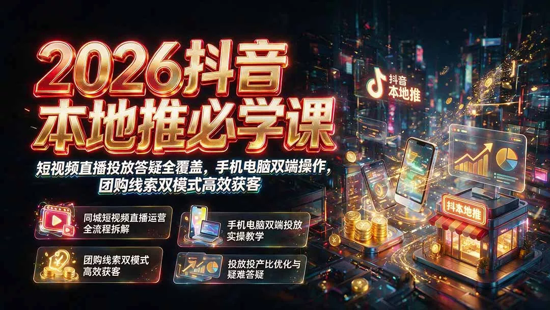 2026抖音本地推必学课｜短视频直播投放答疑全覆盖，手机电脑双端操作，团购线索双模式高效获客-知峰社