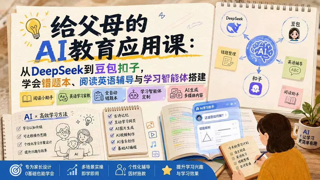 给父母的AI教育应用课:从DeepSeek到豆包扣子,学会错题本、阅读英语辅导与学习智能体搭建-知峰社