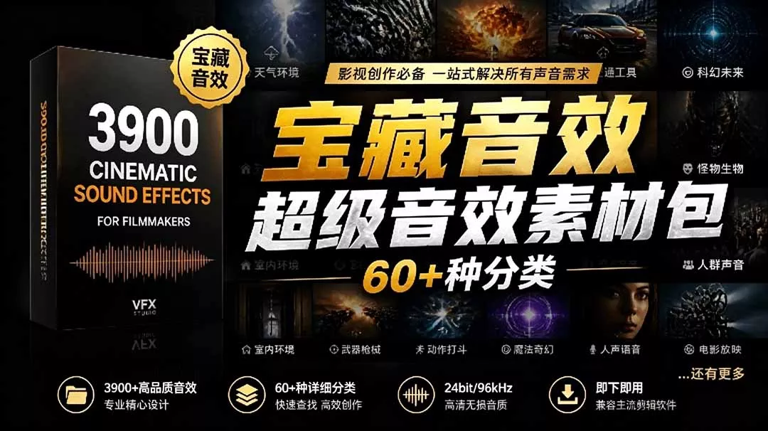 宝藏音效合集包！60+多种音效分类，共计3900个，分类清晰，全中文分类，高品质剪辑音效素材包-知峰社