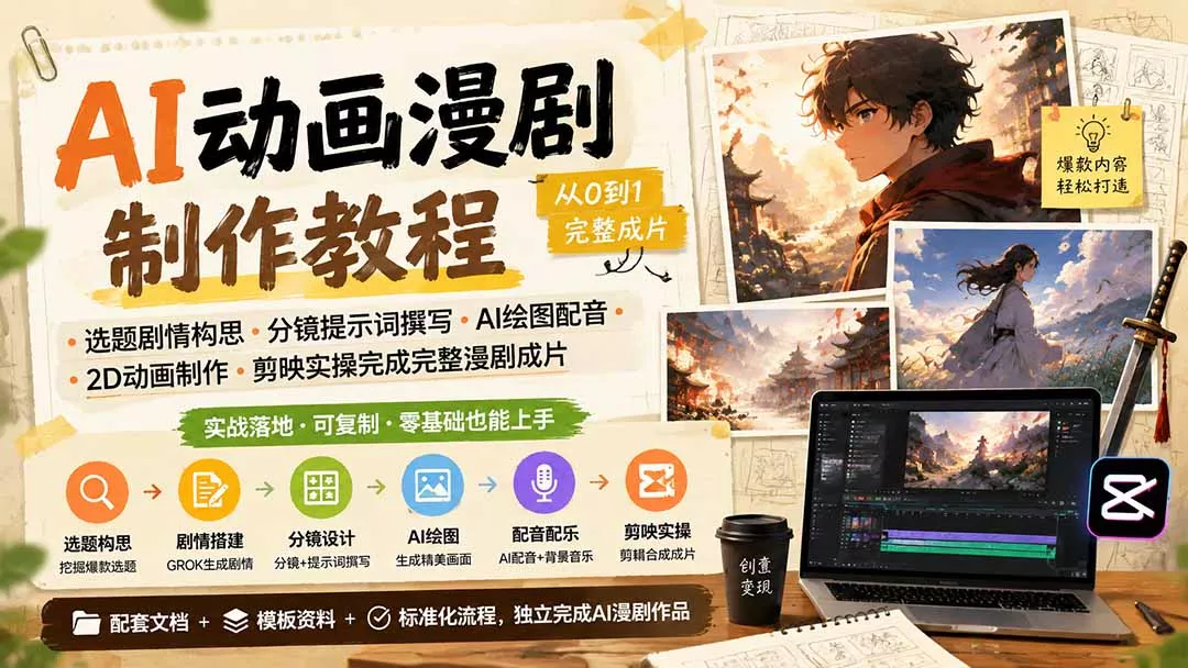AI动画漫剧制作教程｜选题剧情构思·分镜提示词撰写·AI绘图配音·2D动画制作·剪映实操完成完整漫剧成片-知峰社