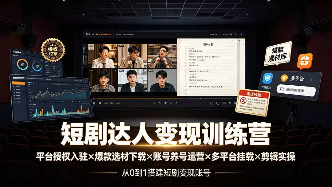 短剧达人变现训练营：平台授权入驻×爆款选材下载×账号养号运营×多平台挂载×剪辑实操×违规处理全流程-知峰社
