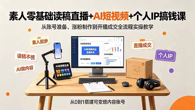 素人零基础读稿直播+AI短视频+个人IP搞钱课,从账号准备、涨粉制作到开播成交全流程实操教学-知峰社