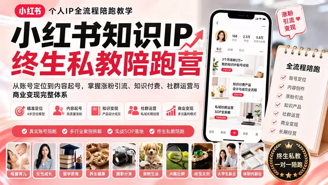 小红书知识IP终生私教陪跑营:从账号定位到内容起号,掌握涨粉引流、知识付费、社群运营与商业变现完整体系-知峰社