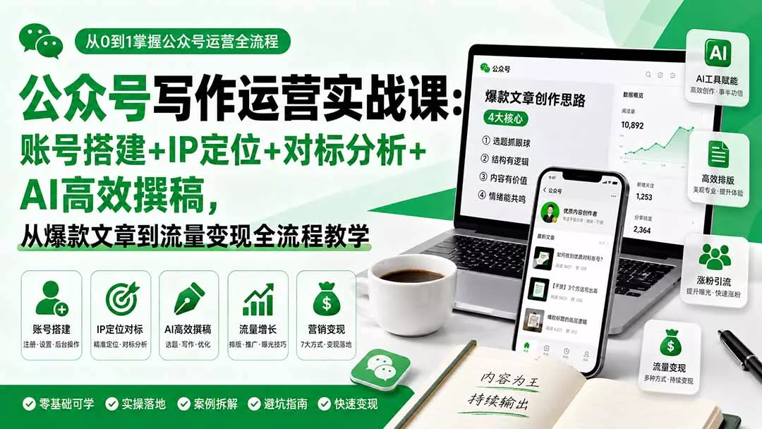 公众号写作运营实战课:账号搭建+IP定位+对标分析+AI高效撰稿,从爆款文章到流量变现全流程教学-知峰社