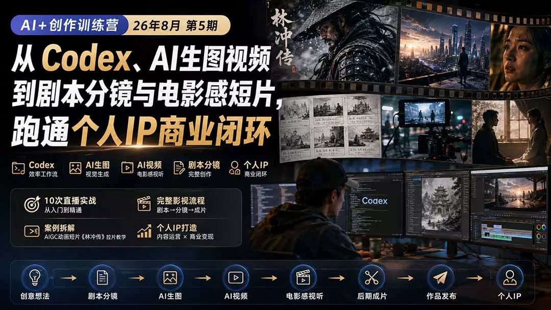 AI+创作训练营26年8月第5期：从Codex、AI生图视频到剧本分镜与电影感短片，跑通个人IP商业闭环-知峰社