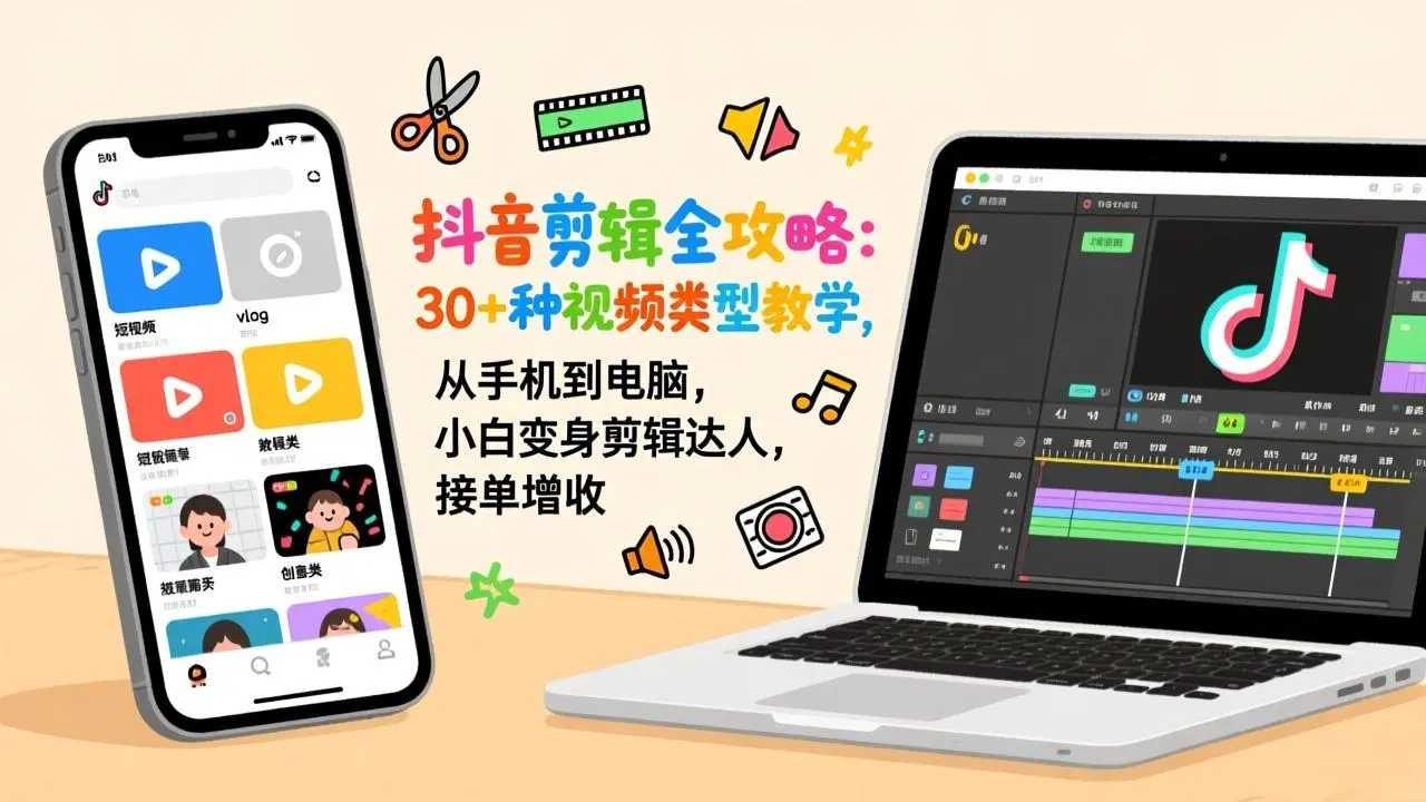 抖音剪辑全攻略：30+种视频类型教学，从手机到电脑，小白变身剪辑达人，接单增收-知峰社