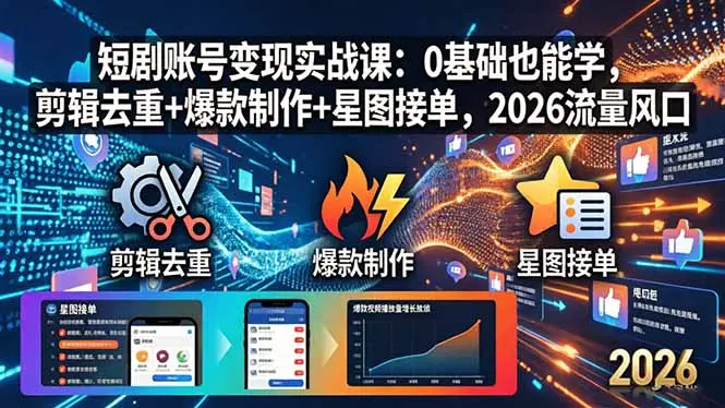 短剧账号变现实战课：0基础也能学，剪辑去重+爆款制作+星图接单，2026流量风口-知峰社