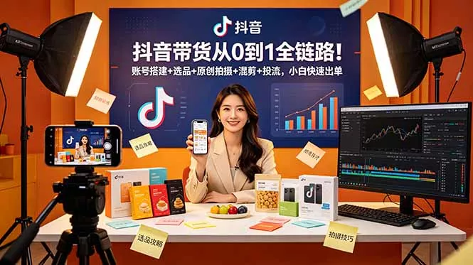 抖音带货从0到1全链路！账号搭建+选品+原创拍摄+混剪+投流，小白快速出单-知峰社