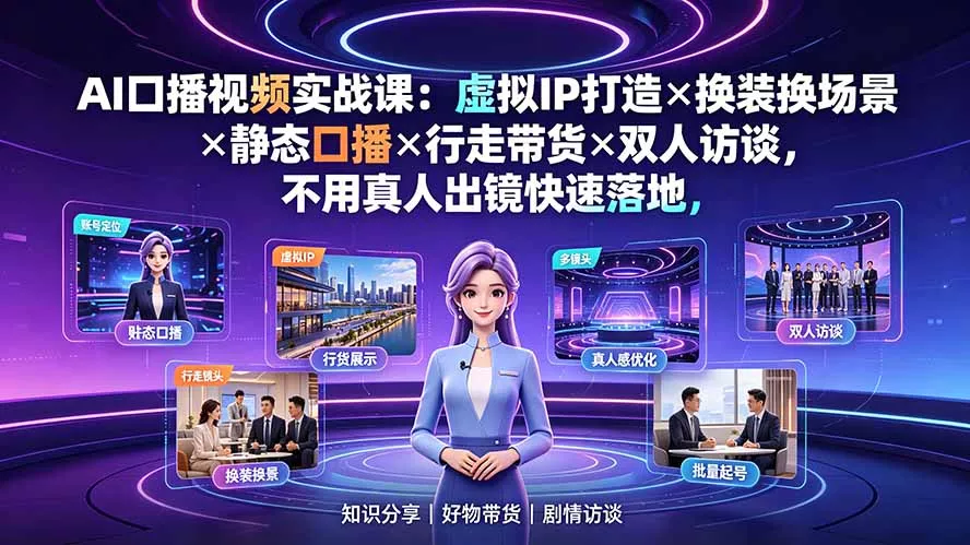 AI口播视频实战课:虚拟IP打造×换装换场景×静态口播×行走带货×双人访谈,不用真人出镜快速落地-知峰社