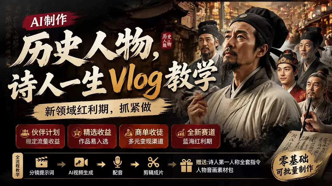 历史人物，诗人一生Vlog教学， AI制作丨伙伴计划丨精选收益丨商单收徒 ，新领域红利期，抓紧做-知峰社