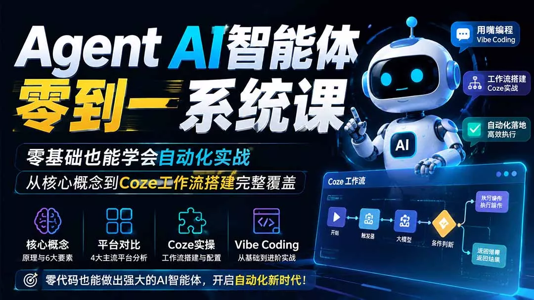 Agent AI智能体零到一系统课；零基础也能学会自动化实战，从核心概念到Coze工作流搭建完整覆盖-知峰社
