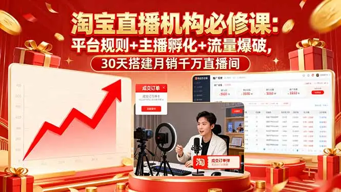 淘宝直播机构必修课：平台规则/主播孵化/流量爆破,30天搭建月销千万直播间-知峰研习社