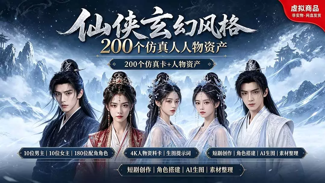 200个仙侠玄幻仿真人素材◆10男主×10女主×180配角，4K资料卡+AI生图提示词，漫剧必备-知峰社