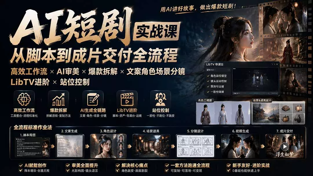 AI短剧实战课:高效工作流×AI审美×爆款拆解×文案角色场景分镜×LibTV进阶×站位控制×从脚本到成片交付全流程 AI短剧实战课:高效工作流×AI审美×爆款拆解×文案角色场景分镜×LibTV进阶×站位控制×从脚本到成片交付全流程